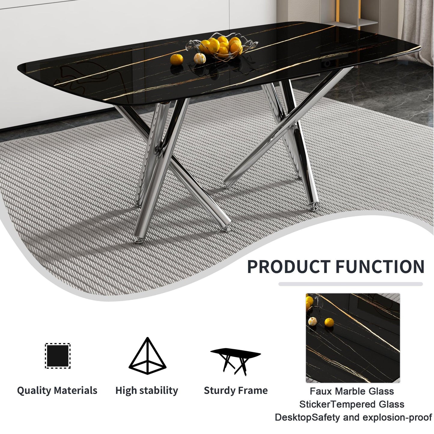 Large modern minimalist rectangular dining table with 0.39 "imitation marble black tabletop and silver metal legs - FurniFindUSA