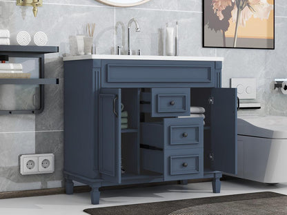 36 inch blue bathroom vanity with top sink, 2 soft doors and 2 drawers, single sink bathroom vanity - FurniFindUSA