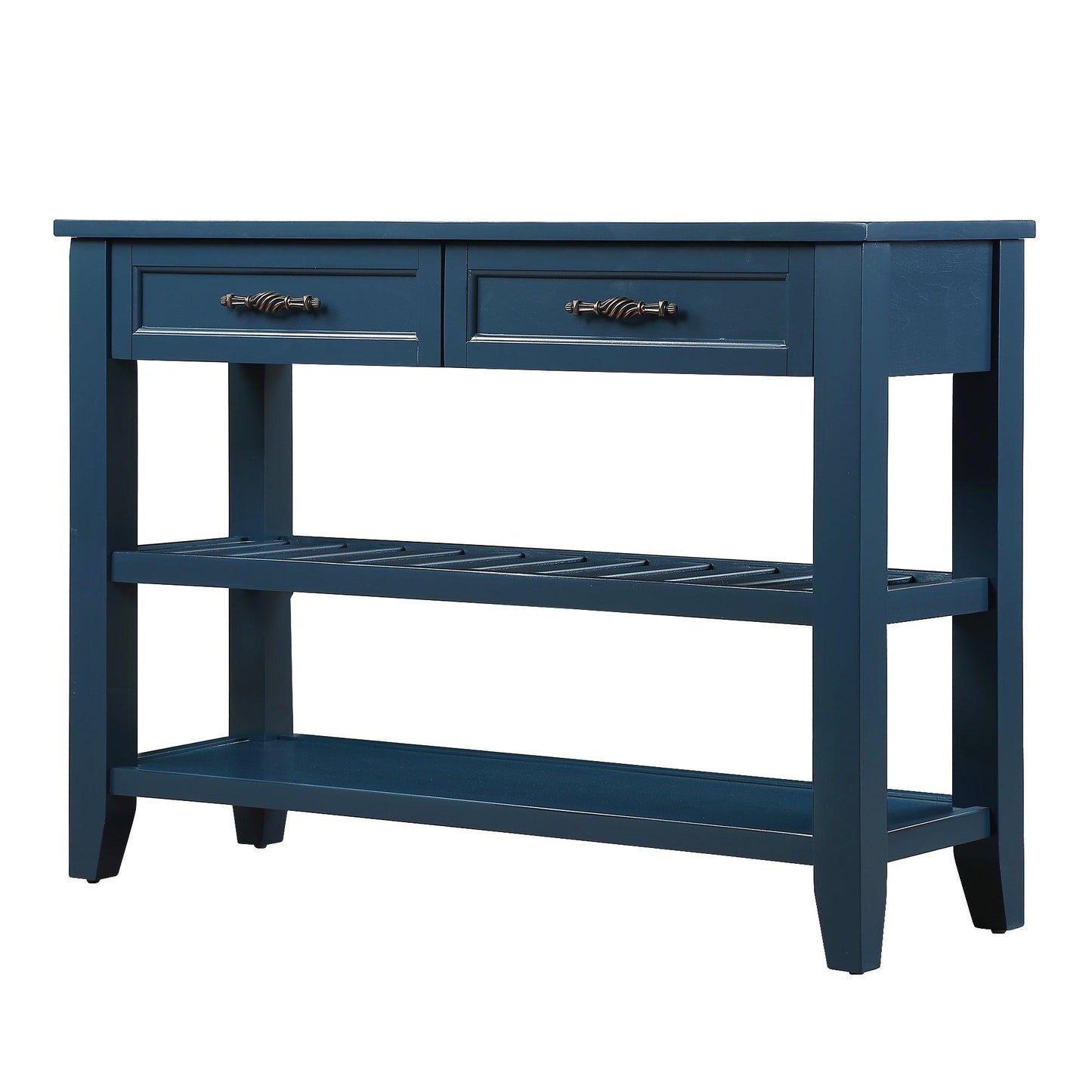 Console Sofa Table with 2 Storage Drawers and 2 Tiers Shelves Mid-Century Style 42'' Solid Wood Buffet Sideboard Navy Blue - FurniFindUSA