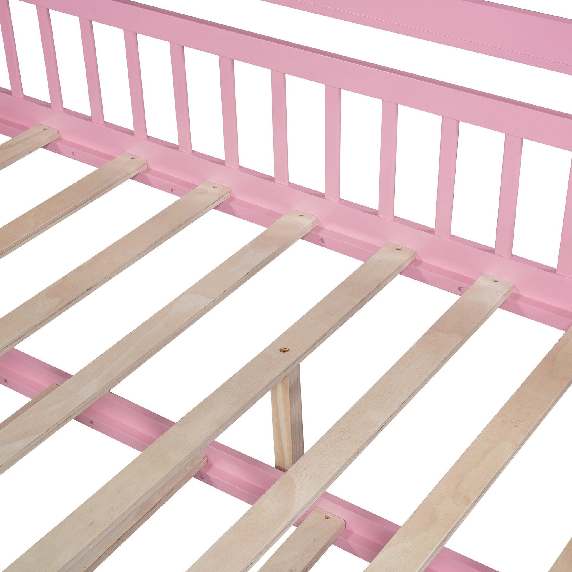 Wooden Full Size House Bed with Twin Size Trundle Kids Bed with Shelf Pink - FurniFindUSA