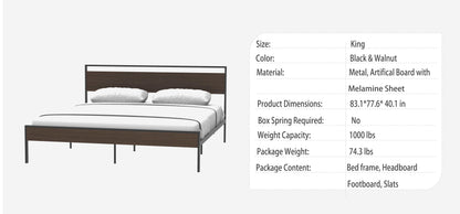 Ceres Metal Bed Black with Walnut wood Headboard&Footboard King - FurniFindUSA