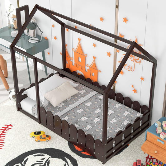 {Slats are not included}Twin Size Wood Bed House Bed Frame with Fence for KidsTeens Girls Boys - FurniFindUSA