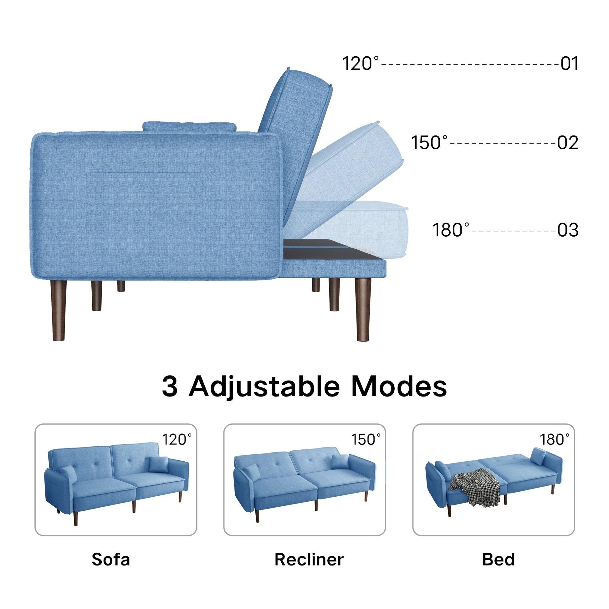 Living Room Bed Room Leisure Futon Sofa bed in Blue Fabric with Solid Wood Leg - FurniFindUSA