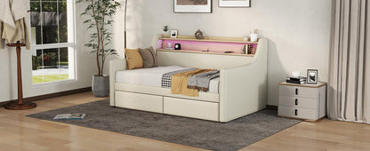 Twin Size Daybed with Storage Drawers Upholstered Daybed with Charging Station and LED Lights Beige - FurniFindUSA