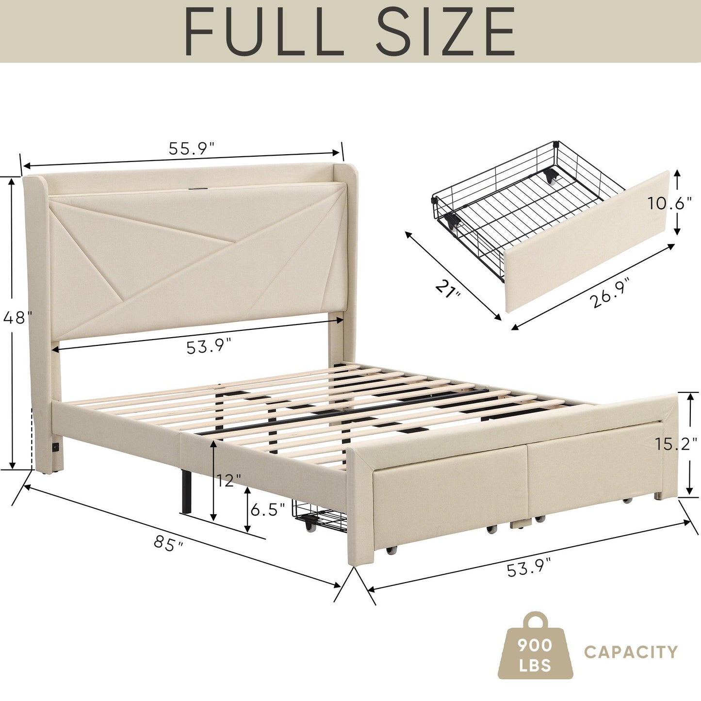 Full Size Bed Frame with 2 Storage Drawers Upholstered Bed Frame Beige - FurniFindUSA