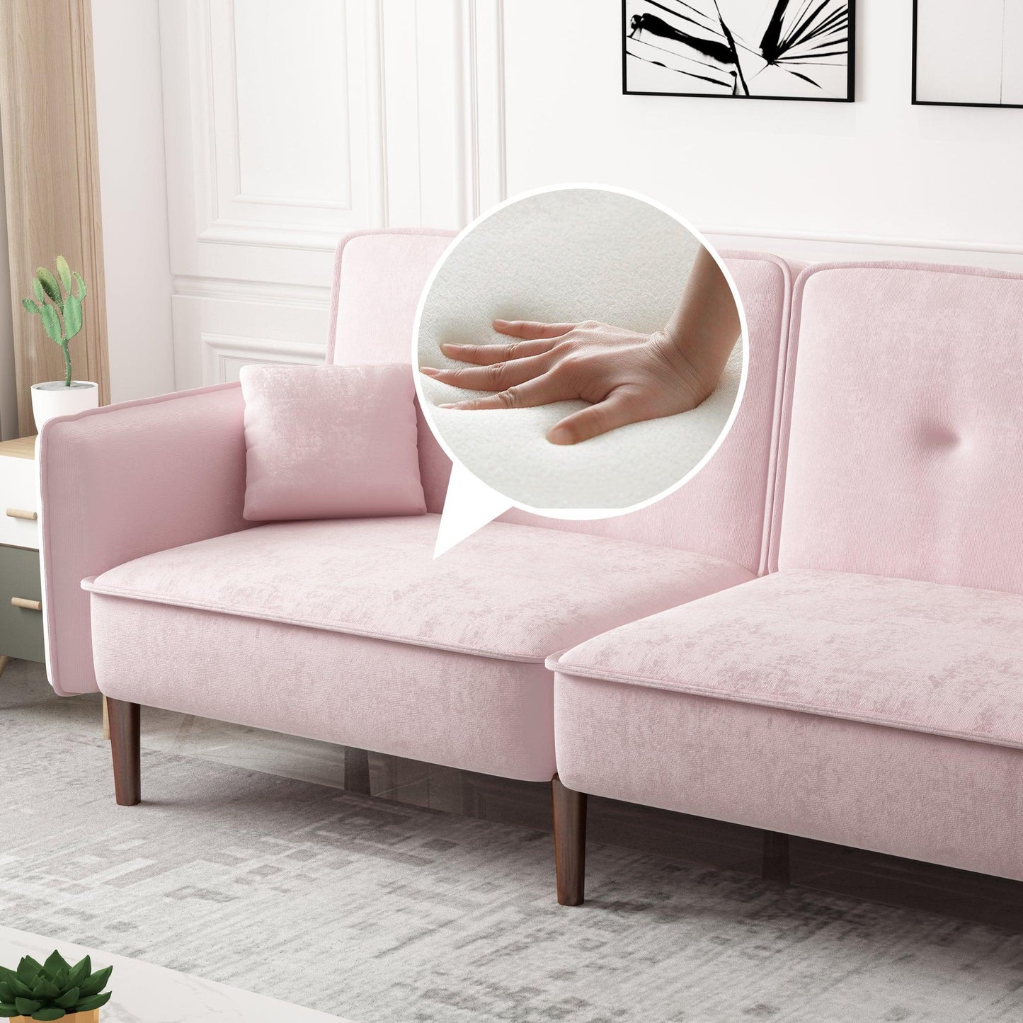 Convertible Sofa Bed with Wood Legs in Velvet(Pink) - FurniFindUSA