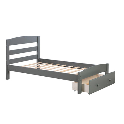 Platform Twin Bed Frame with Storage Drawer and Wood Slat Support No Box Spring Needed Gray - FurniFindUSA