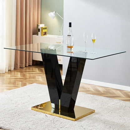 Large Modern Minimalist Rectangular Glass Dining Table for 6-8 with 0.4" Tempered Glass Tabletop and MDF slab V-Shaped Bracket