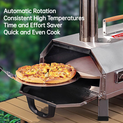 Stainless Steel Pizza Oven Outdoor 12" Automatic Rotatable Pizza Ovens Portable Wood Fired Pizza Oven Pizza Maker with Timer - FurniFindUSA