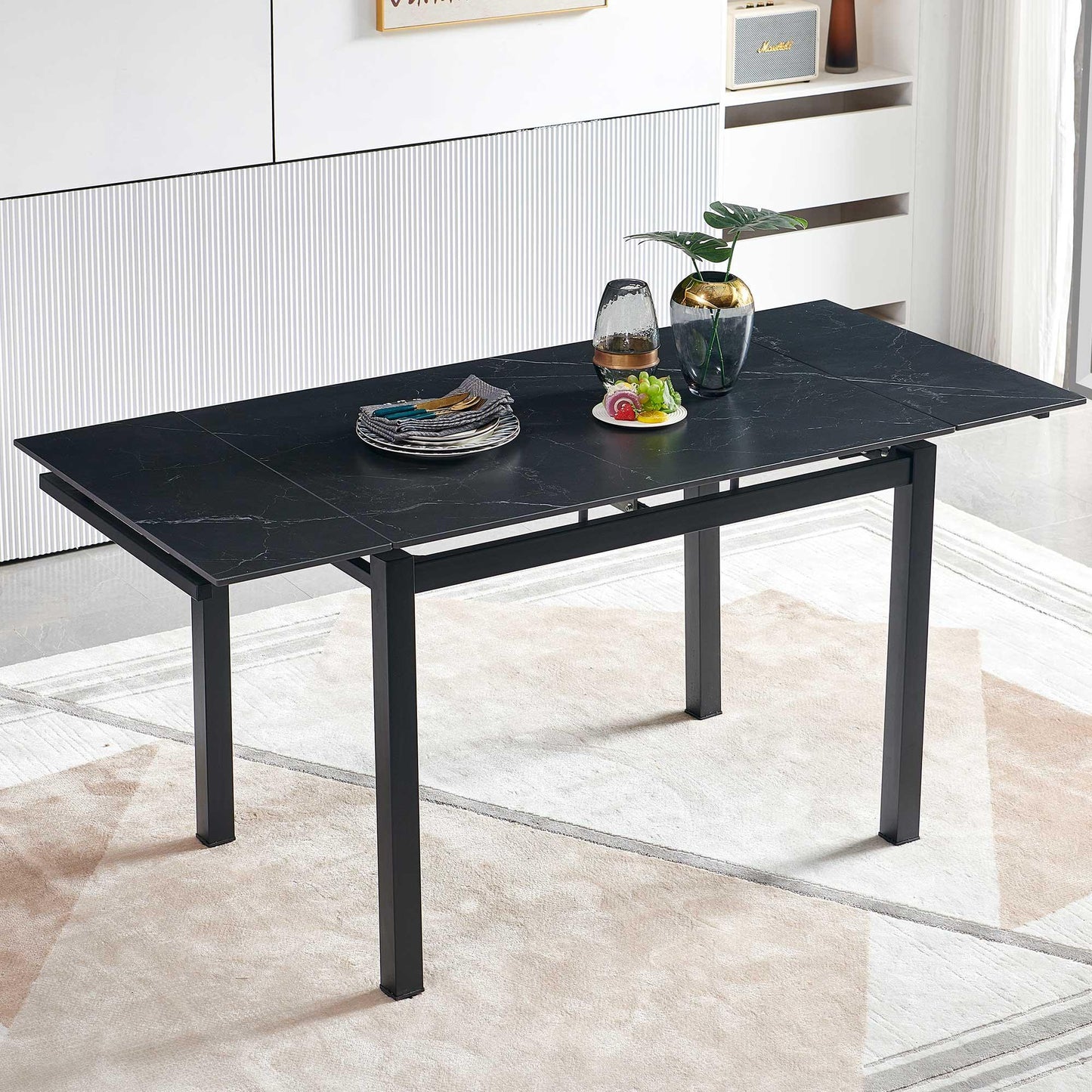 Black Ceramic Modern Rectangular Expandable Dining Room Table For Space-Saving Kitchen Small Space -Table - FurniFindUSA