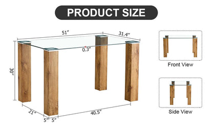 Modern minimalist rectangular dining table Glass desktop and wooden MDF table legs - FurniFindUSA