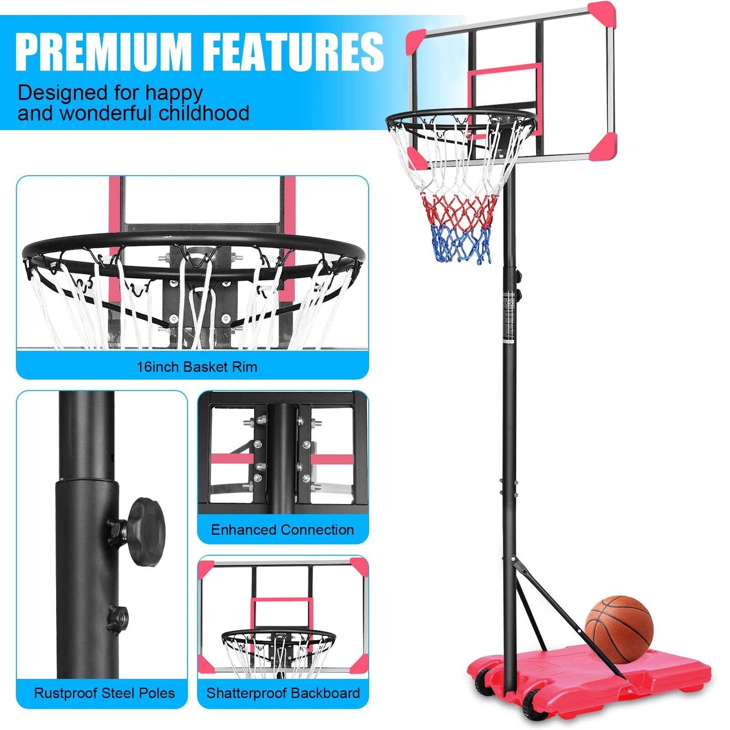 Portable Basketball Goal System with Stable Base and Wheels use for Indoor Outdoor teenagers youth - FurniFindUSA