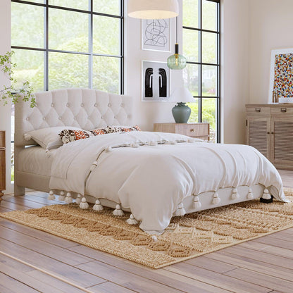 Upholstered Platform Bed with Saddle Curved Headboard and Diamond Tufted Details Queen Beige - FurniFindUSA