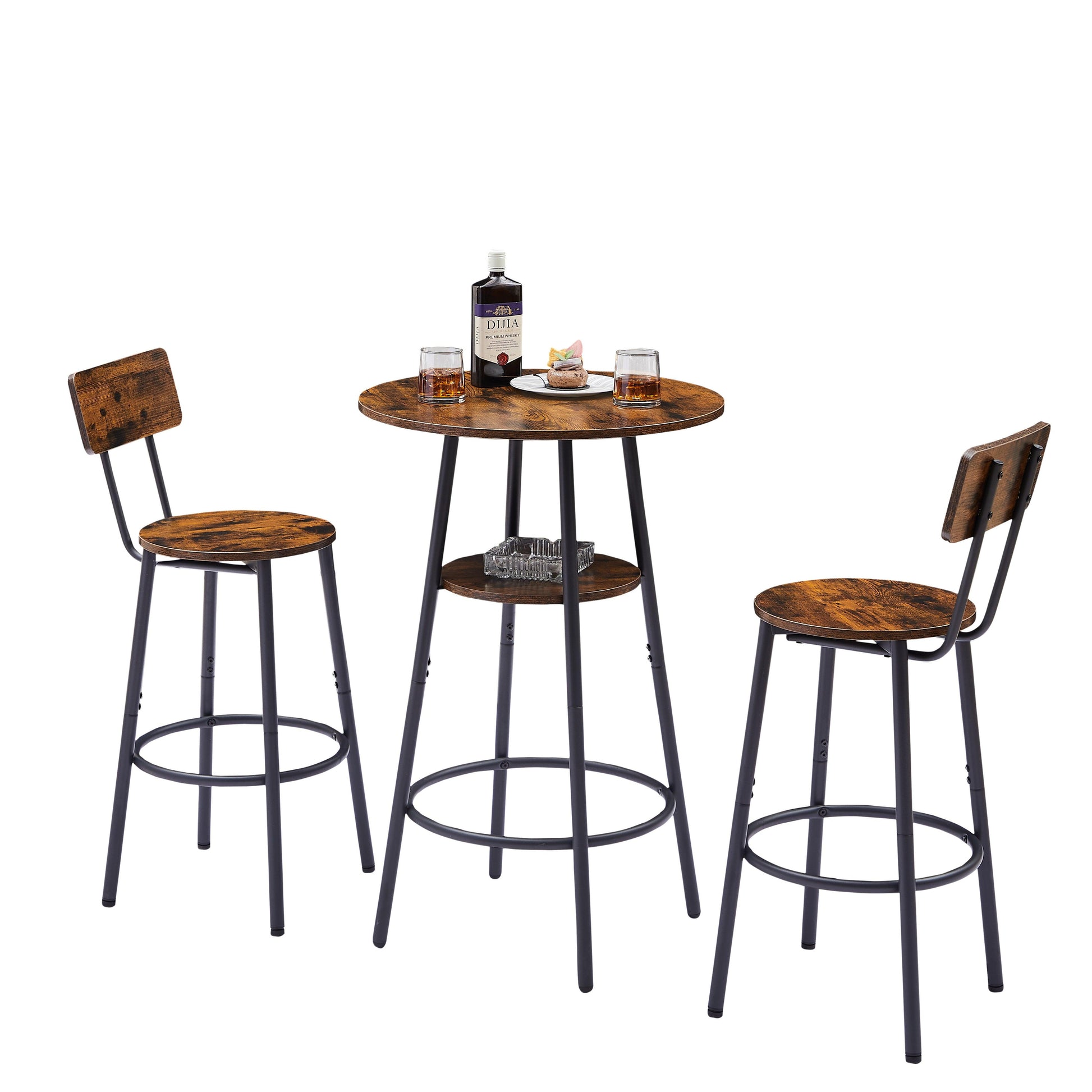 Round bar stool set with shelves stool with backrest Rustic Brown 23.6'' Dia x 35.4'' H - FurniFindUSA