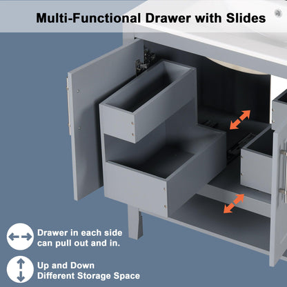 30" Bathroom Vanity with Sink, Multi-functional Bathroom Cabinet with Doors and Drawers, Solid Frame and MDF Board, Grey - FurniFindUSA