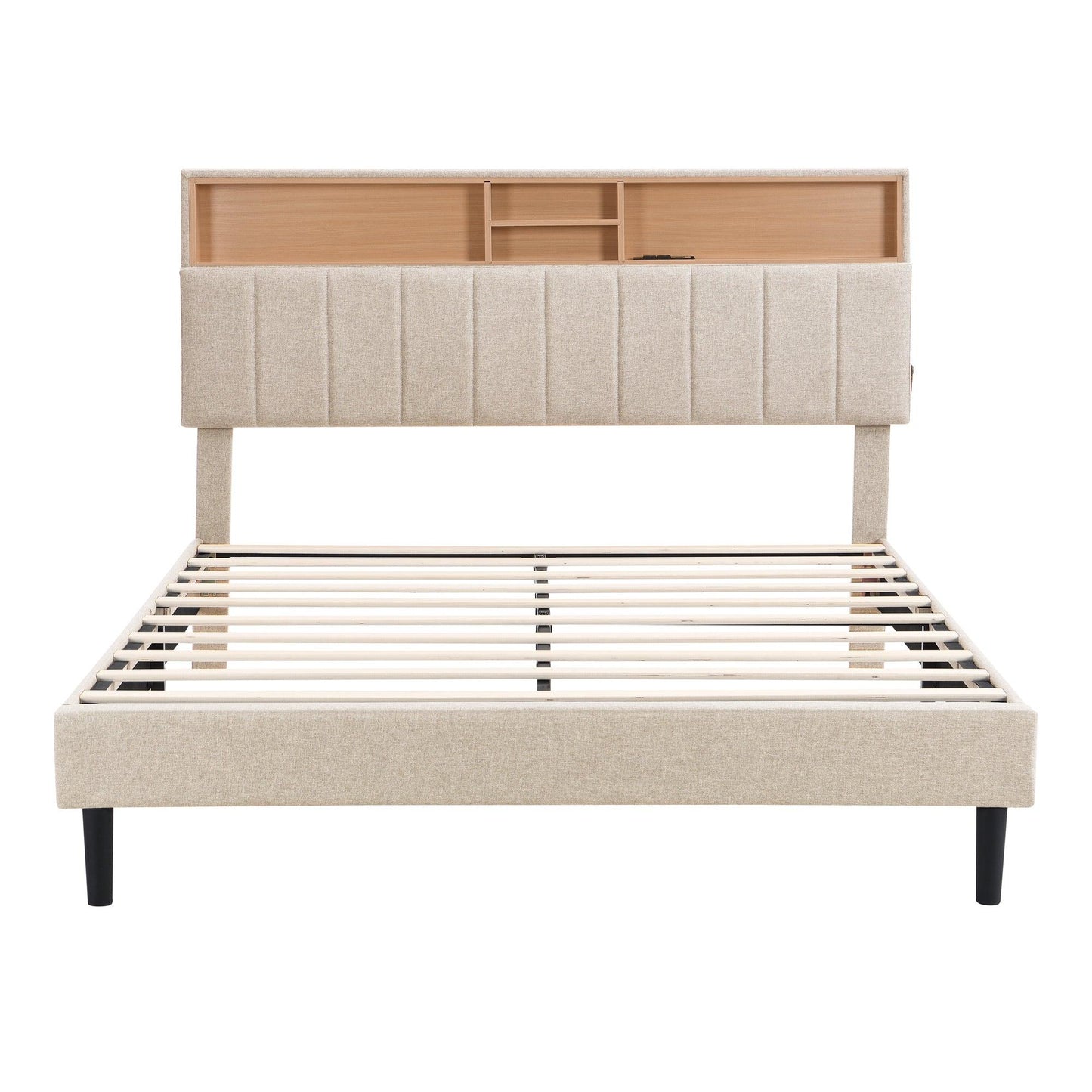 Queen Size Upholstered Platform Bed with Storage Headboard and USB Port Linen Fabric Upholstered Bed (Beige) - FurniFindUSA