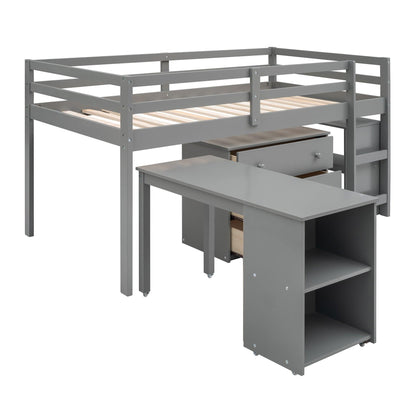 Low Study Twin Loft Bed with Cabinet and Rolling Portable Desk - Gray - FurniFindUSA