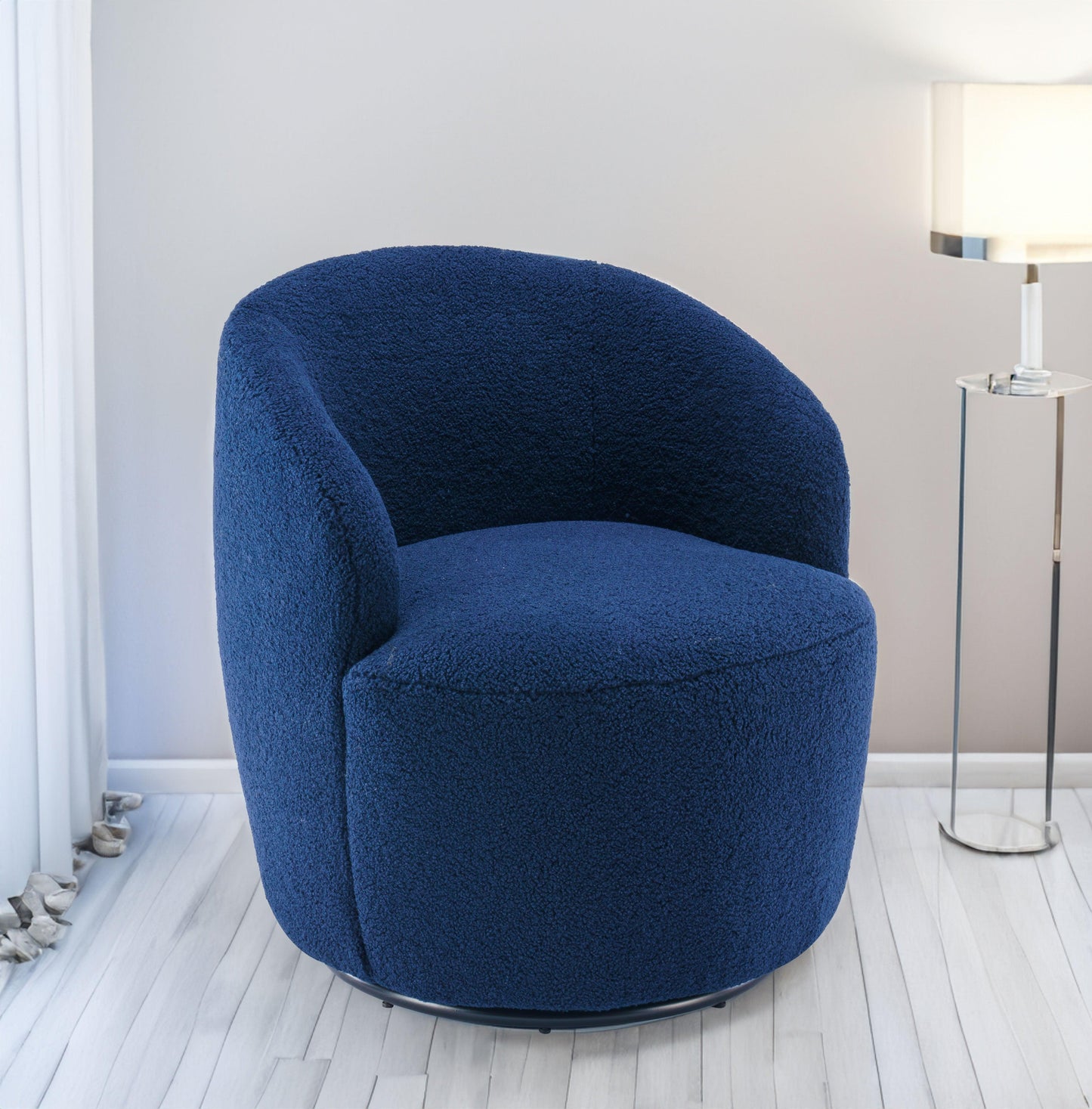 Teddy Fabric Swivel Accent Armchair Barrel Chair With Black Powder Coating Metal Ring Dark Blue - FurniFindUSA