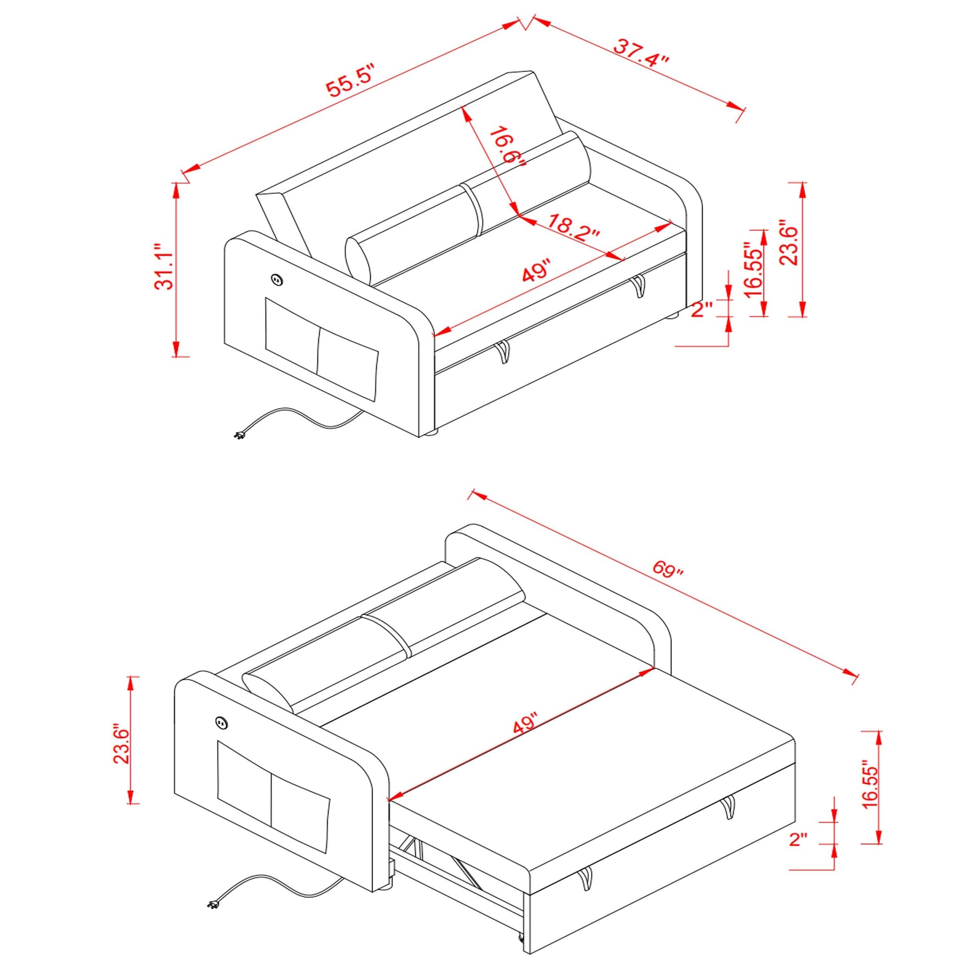 Twins Sofa Bed Grey Fabric - FurniFindUSA