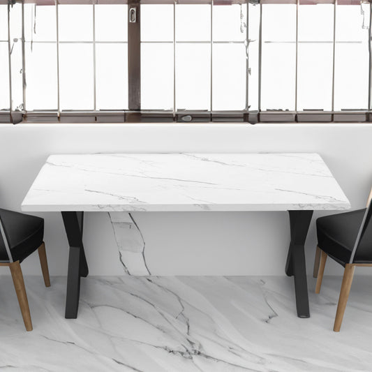 70.87"Modern Square Dining Table with Printed White Marble Table Top+Black X-Shape Table Leg - FurniFindUSA