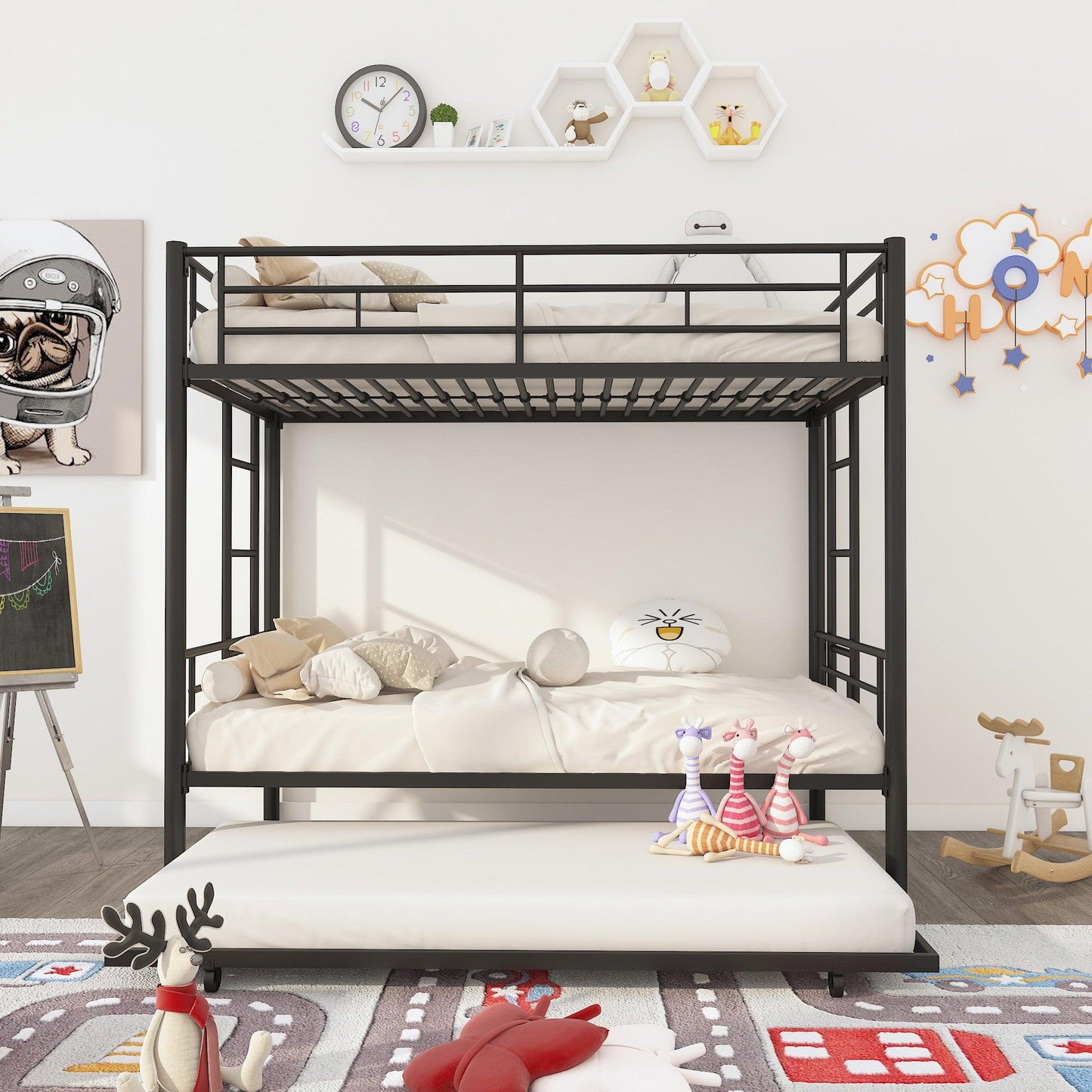 Twin Over Twin Metal Bunk Bed Frame with Trundle（Upgrade reinforcement version） - FurniFindUSA