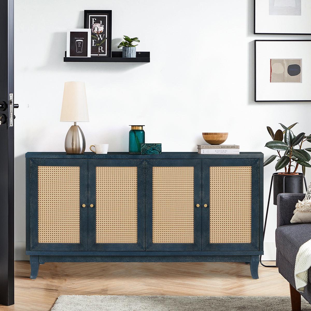 Handcrafted Premium Grain Panels Rattan Sideboard Buffer Cabinet Accent Storage Cabinet With 4 Rattan Doors BLUE - FurniFindUSA