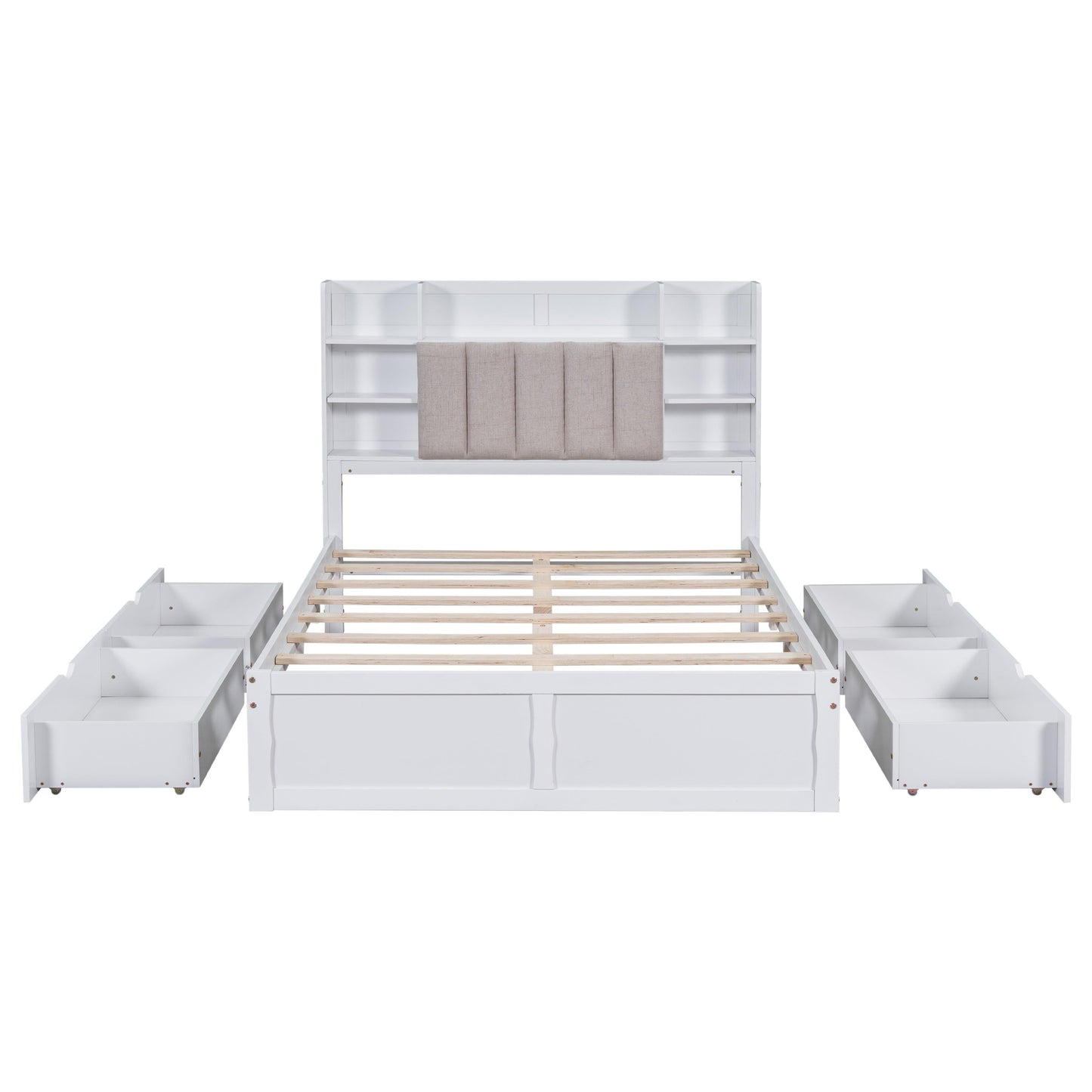 Multi-functional Full Size Bed Frame with 4 Under-bed Portable Storage Drawers and Multi-tier Bedside Storage Shelves White - FurniFindUSA