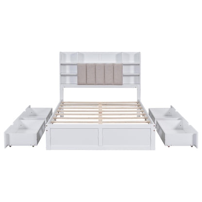 Multi-functional Full Size Bed Frame with 4 Under-bed Portable Storage Drawers and Multi-tier Bedside Storage Shelves White - FurniFindUSA