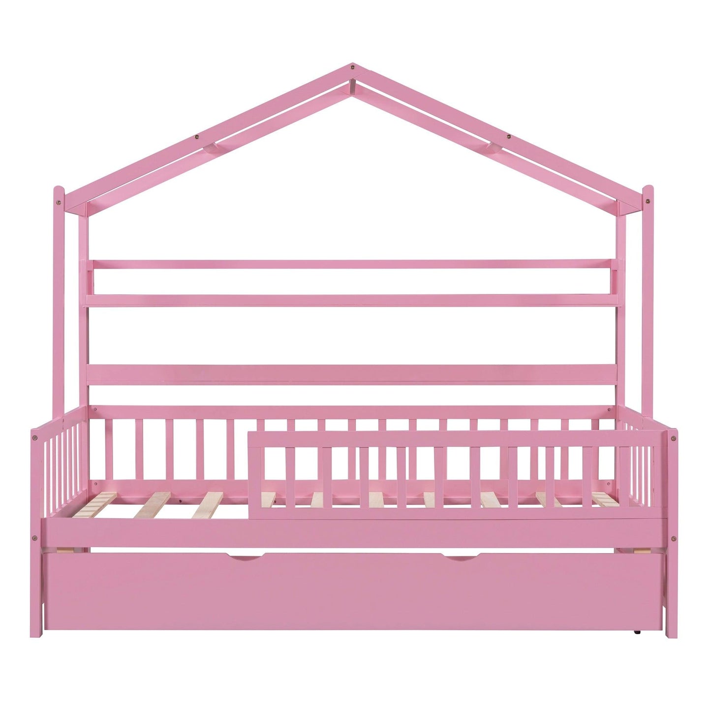 Wooden Twin Size House Bed with Trundle Kids Bed with Shelf Pink - FurniFindUSA