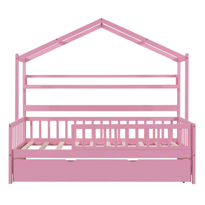 Wooden Twin Size House Bed with Trundle Kids Bed with Shelf Pink - FurniFindUSA