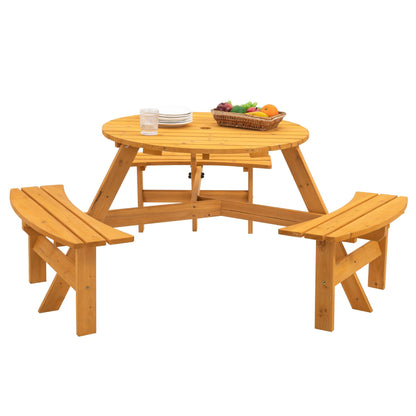 6-Person Circular Outdoor Wooden Picnic Table for Patio, Backyard, Garden, DIY w/ 3 Built-in Benches, 1720lb Capacity - Natural - FurniFindUSA