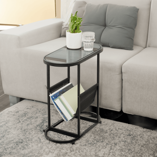 Glass Oval Small Side Tables Living Room Small Space With Magazines Organizer Storage Space (Set of 2) - FurniFindUSA