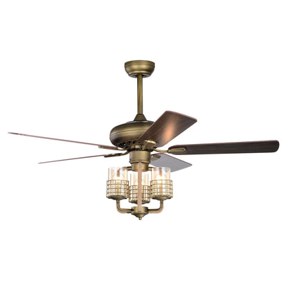 52inch Bronze Metal 3 Lights Ceiling Fan with 5 Wood Blades, Two-color fan blade, AC Motor, Remote Control, Reversible Airflow - FurniFindUSA