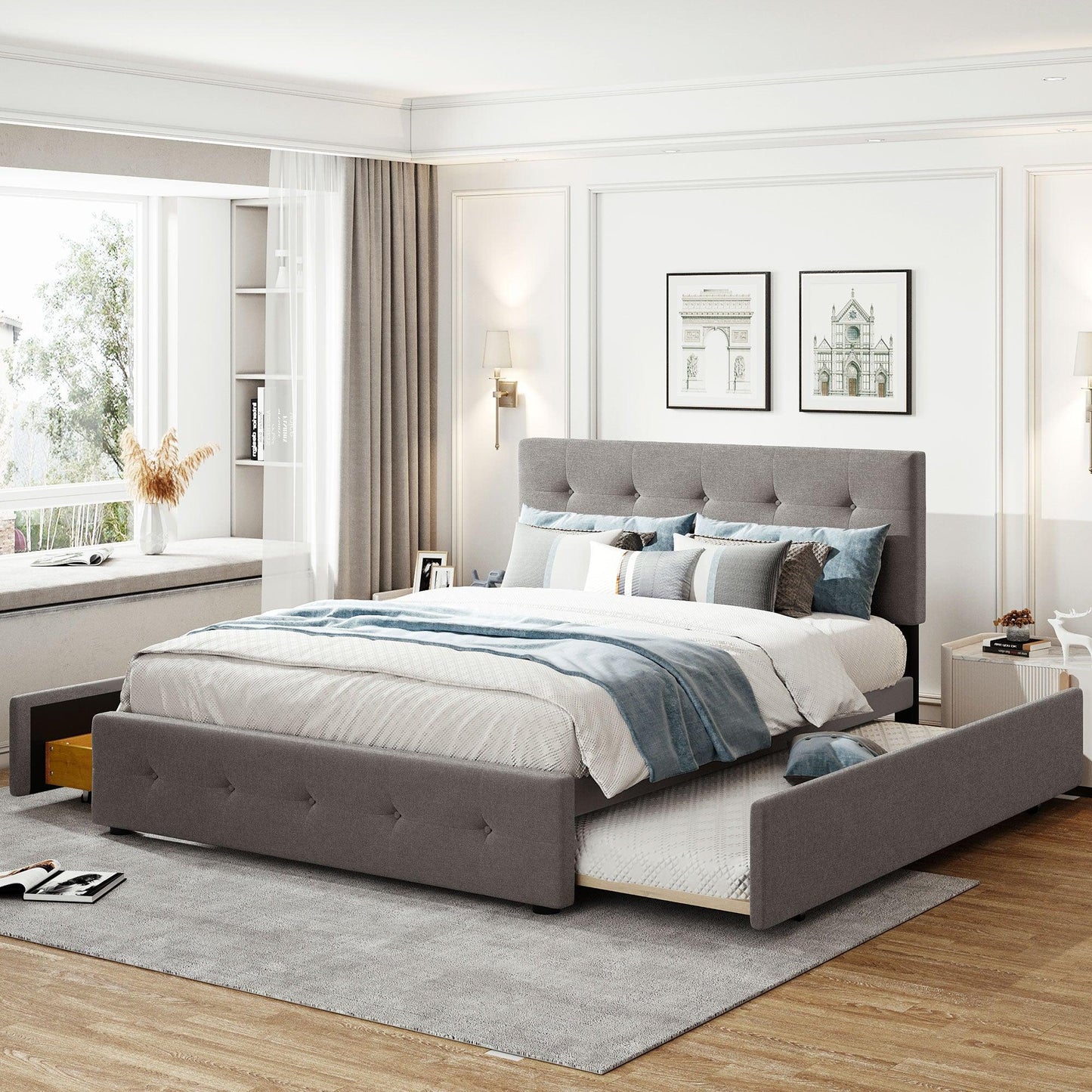 Upholstered Platform Bed with 2 Drawers and 1 Twin XL Trundle Linen Fabric Queen Size - Light Gray - FurniFindUSA