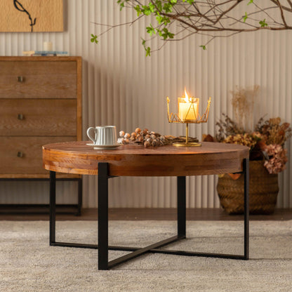 33.86"Modern Retro Splicing Round Coffee Table Fir Wood Table Top with Black Cross Legs Base - FurniFindUSA