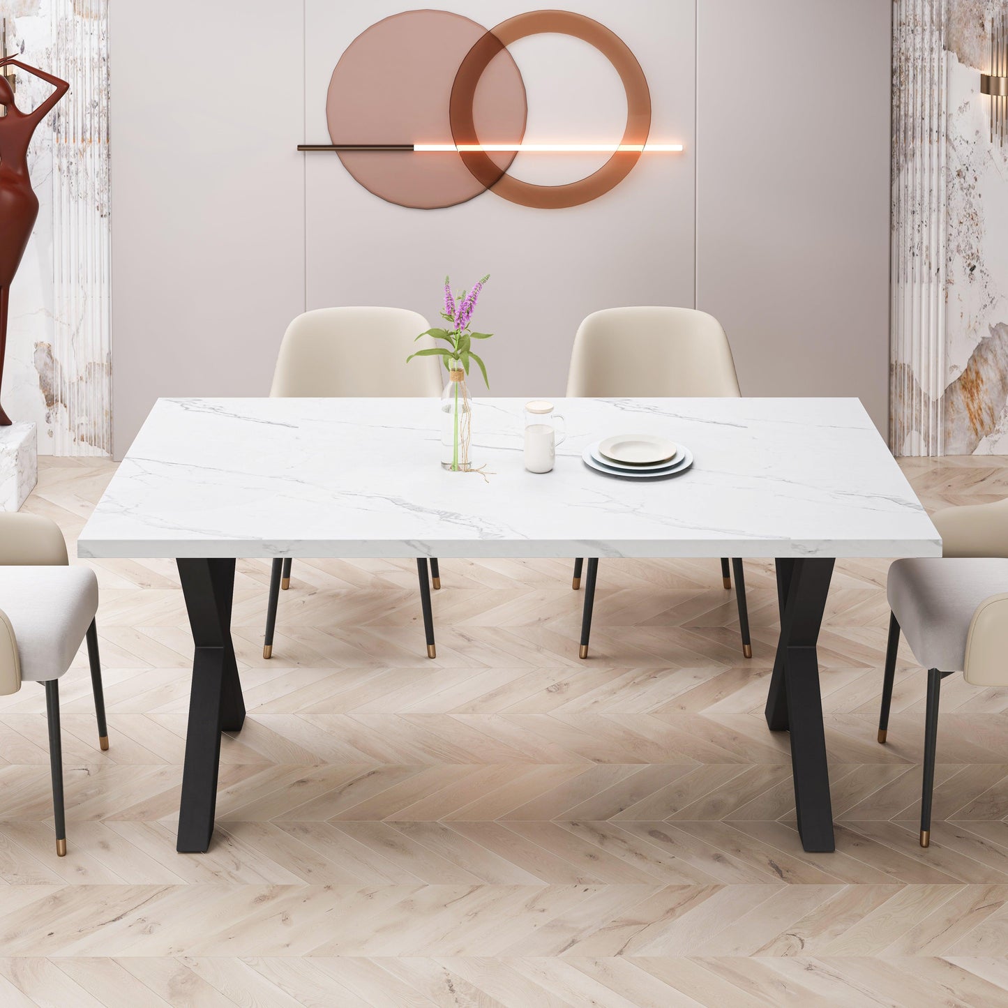 70.87"Modern Square Dining Table with Printed White Marble Table Top+Black X-Shape Table Leg - FurniFindUSA