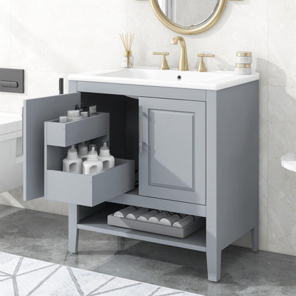 30" Bathroom Vanity with Sink, Multi-functional Bathroom Cabinet with Doors and Drawers, Solid Frame and MDF Board, Grey - FurniFindUSA