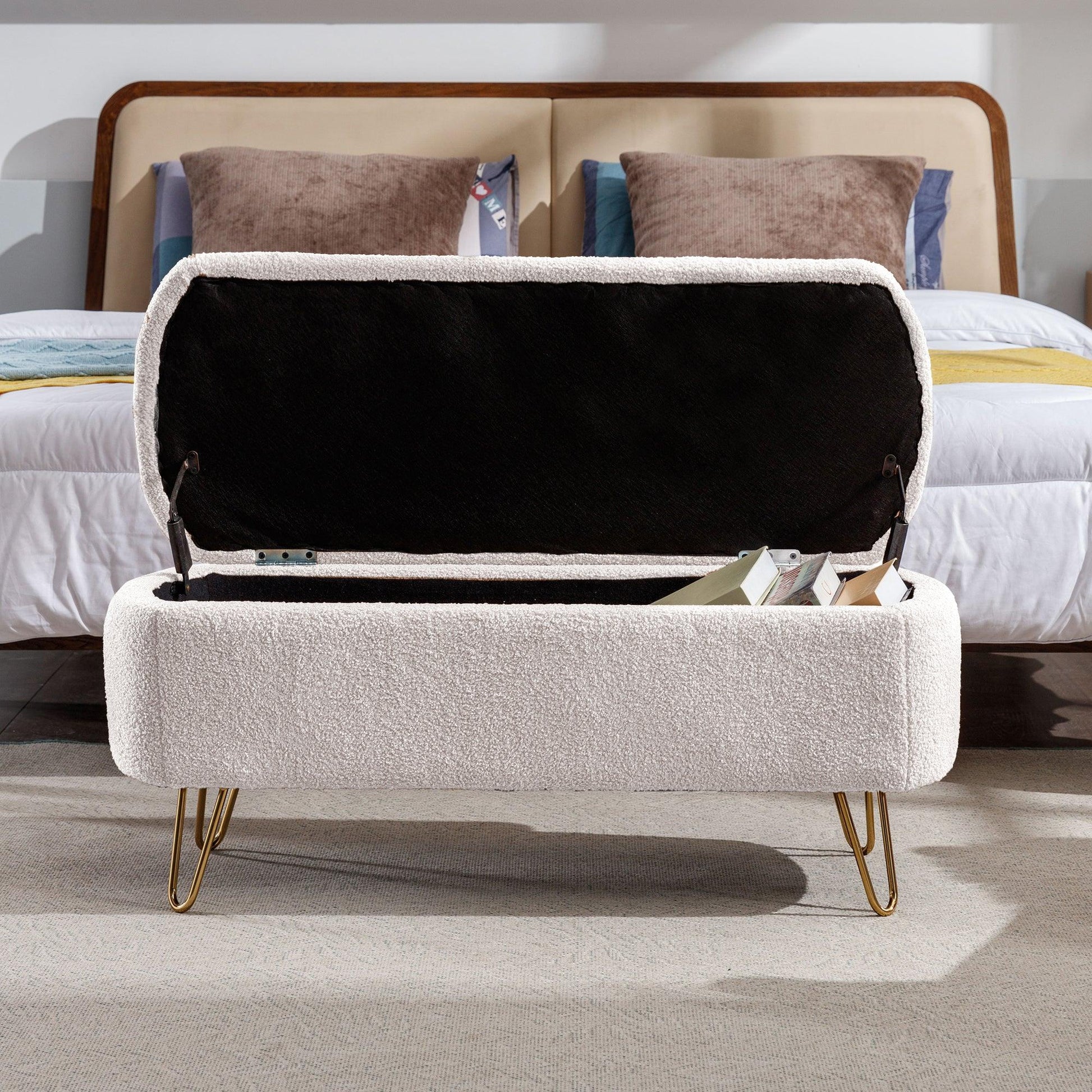 Ivory White Storage Ottoman Bench for End of Bed Gold Legs - FurniFindUSA