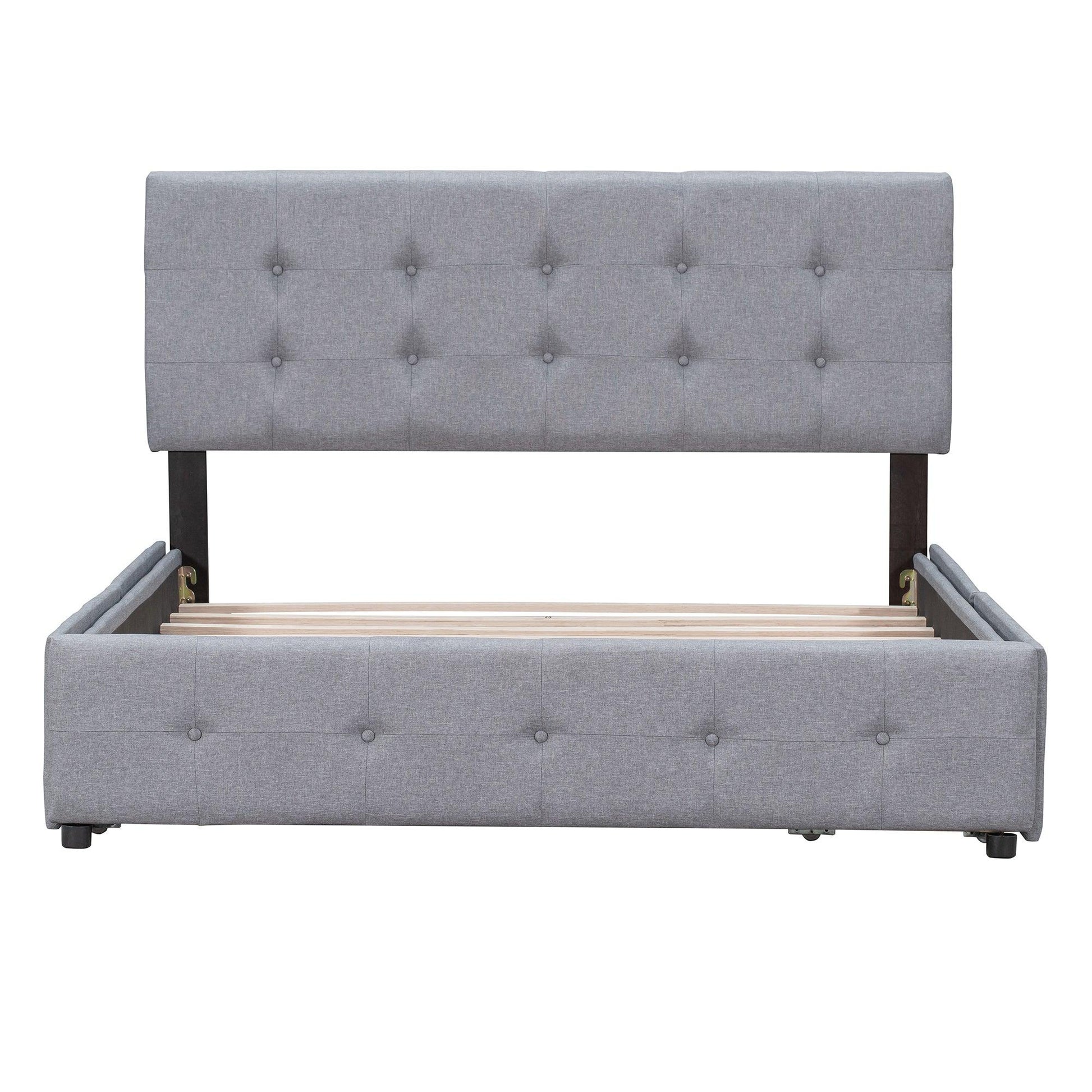 Upholstered Platform Bed with Classic Headboard and 4 Drawers No Box Spring Needed Linen Fabric Queen Size Light Gray - FurniFindUSA