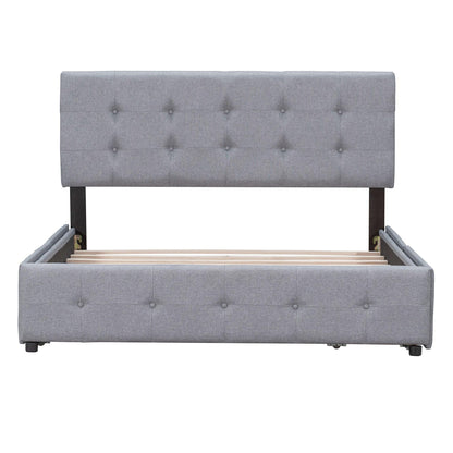 Upholstered Platform Bed with Classic Headboard and 4 Drawers No Box Spring Needed Linen Fabric Queen Size Light Gray - FurniFindUSA