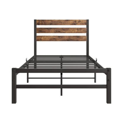 Twin Size Platform Bed Frame with Rustic Vintage Wood Headboard Strong Metal Slats Support Mattress Foundation Rustic Brown - FurniFindUSA