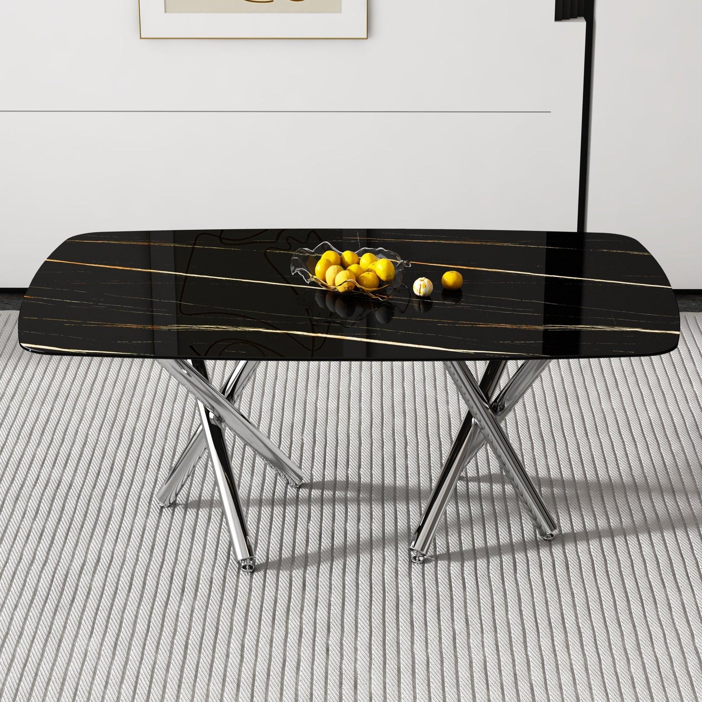 Large modern minimalist rectangular dining table with 0.39 "imitation marble black tabletop and silver metal legs - FurniFindUSA