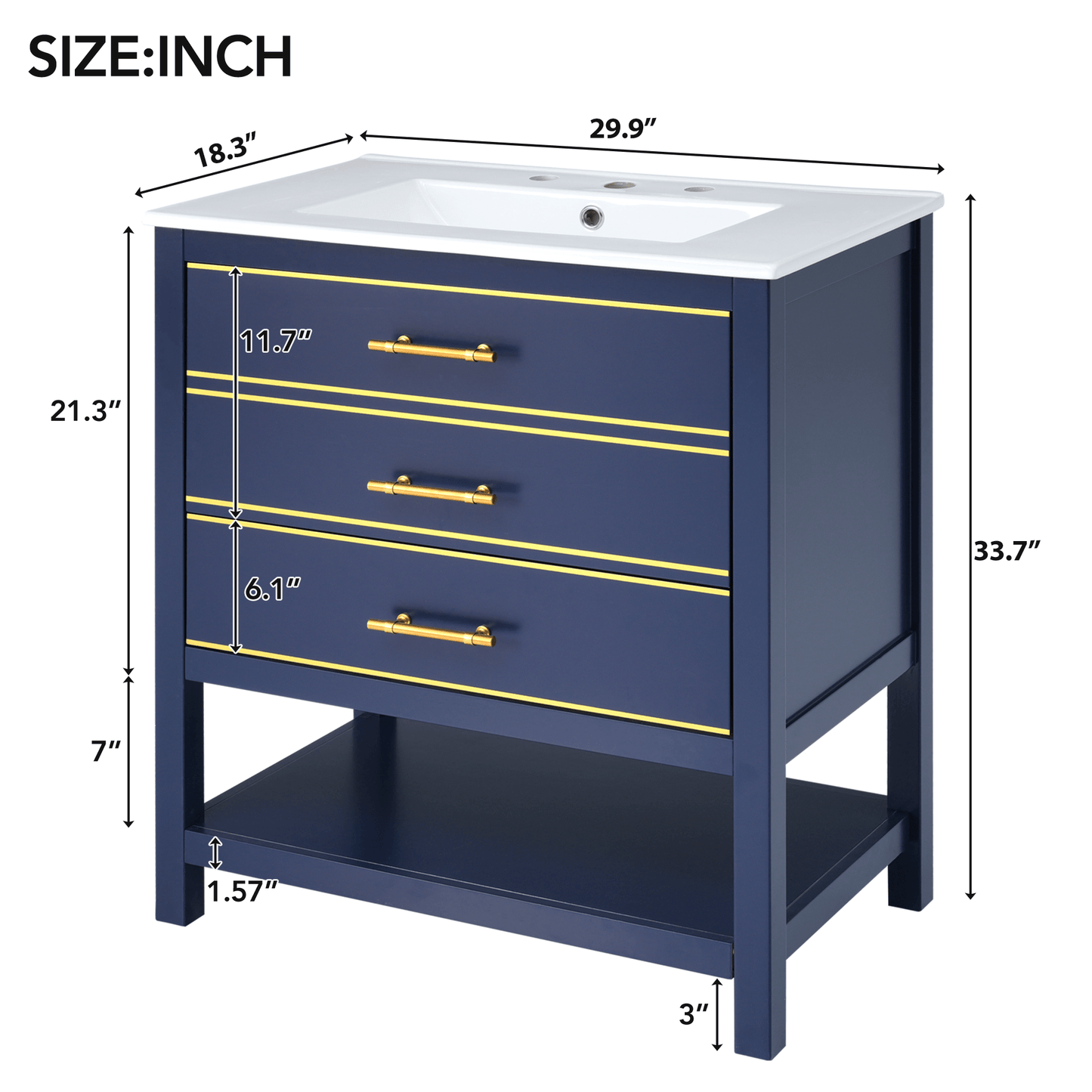 [Viedo]Modern 30inch Navy Blue/White Bathroom Vanity Cabinet Combo with Open Storge, Two Drawers - FurniFindUSA