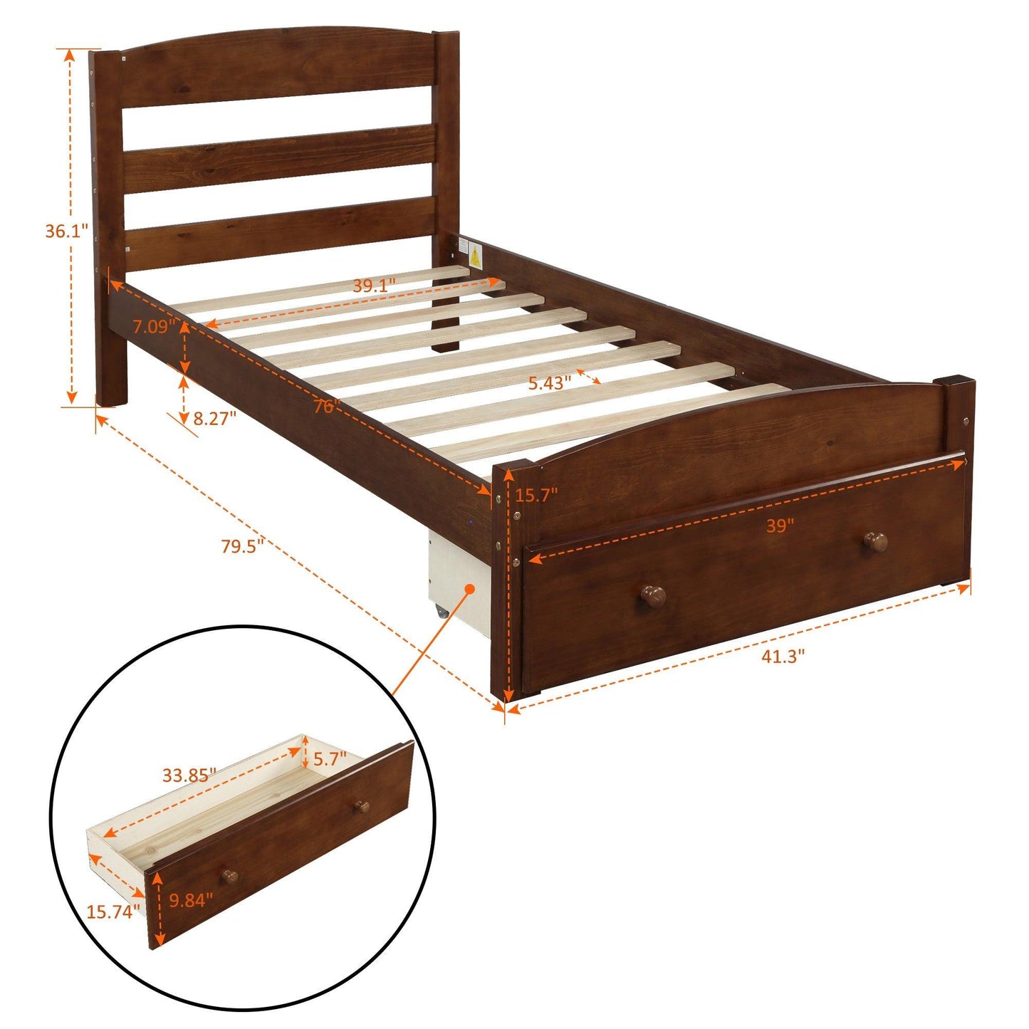 Platform Twin Bed Frame with Storage Drawer and Wood Slat Support No Box Spring Needed Walnut - FurniFindUSA