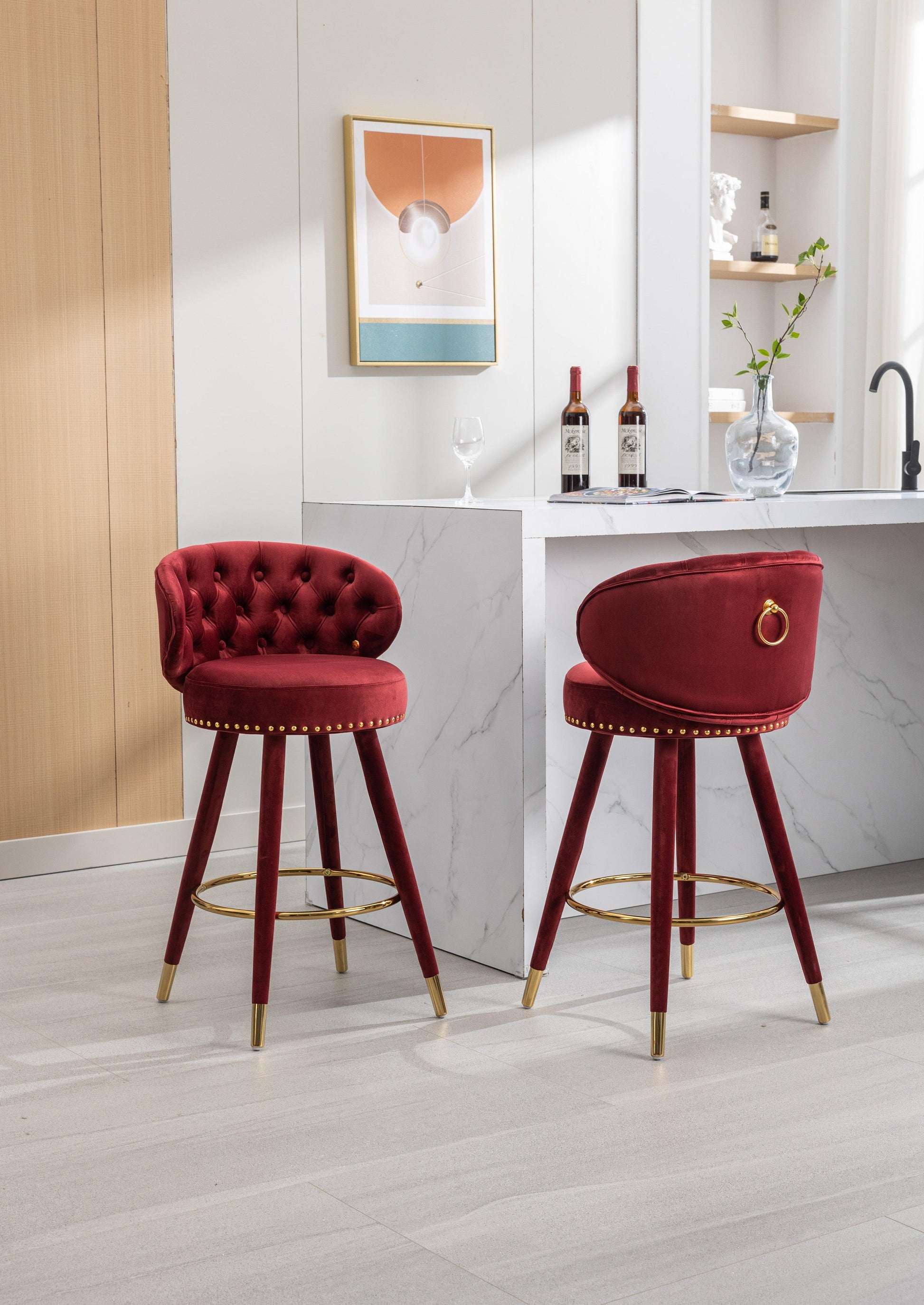 COOLMORE Counter Height Bar Stools Set of 2 for Kitchen Counter Solid Wood Legs with a fixed height of 360 degrees Claret Red - FurniFindUSA