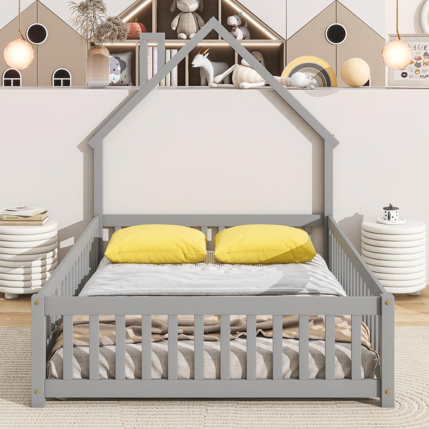 Full House-Shaped Headboard Floor Bed with Fence Grey - FurniFindUSA