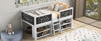 Twin Size Low Loft Bed with Two Movable Shelves and Ladder,with Decorative Guardrail Chalkboard,White - FurniFindUSA