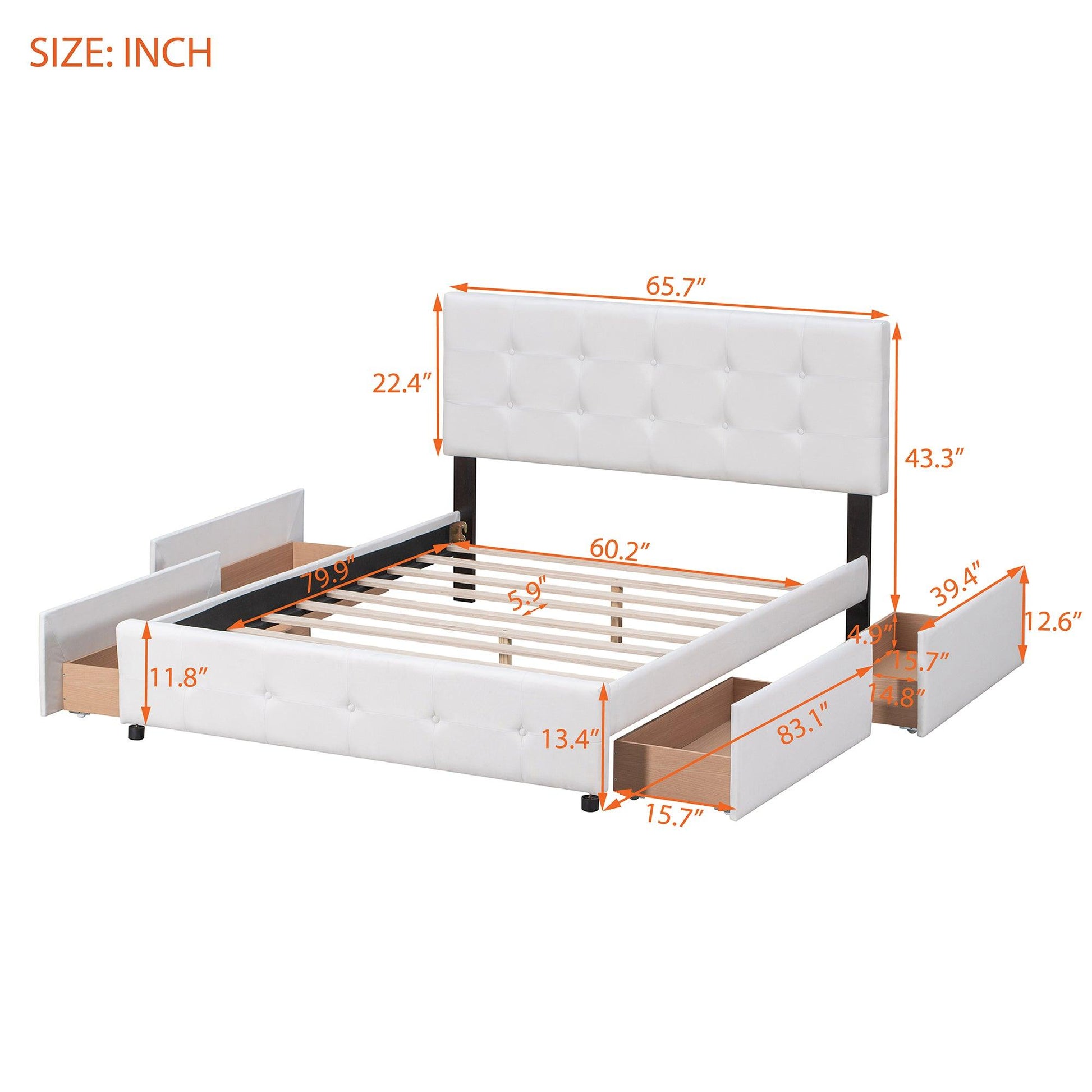 Upholstered Platform Bed with Classic Headboard and 4 Drawers No Box Spring Needed Linen Fabric Queen Size White - FurniFindUSA