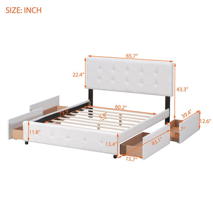 Upholstered Platform Bed with Classic Headboard and 4 Drawers No Box Spring Needed Linen Fabric Queen Size White - FurniFindUSA