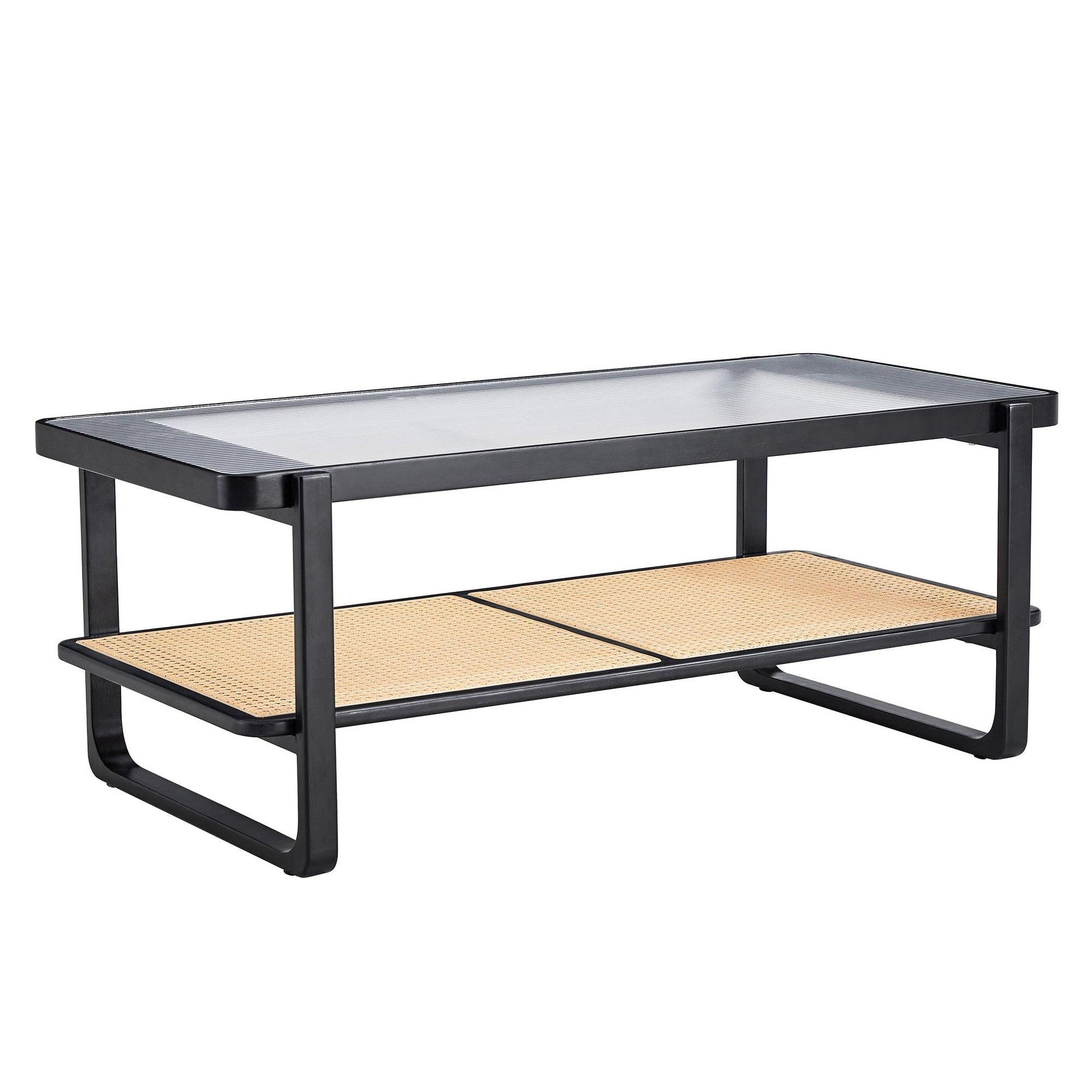 Modern minimalist rectangular double layer black solid wood imitation rattan coffee table - FurniFindUSA